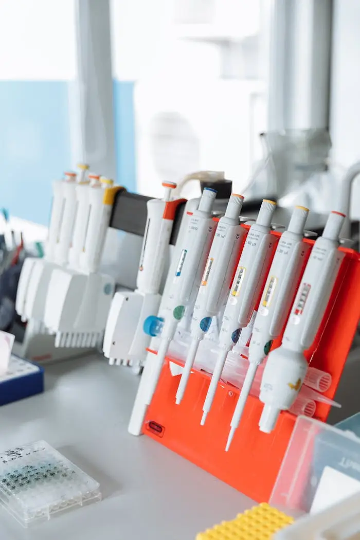 gallery-4 Vibrant pipettes arranged neatly on a lab bench symbolize scientific precision.